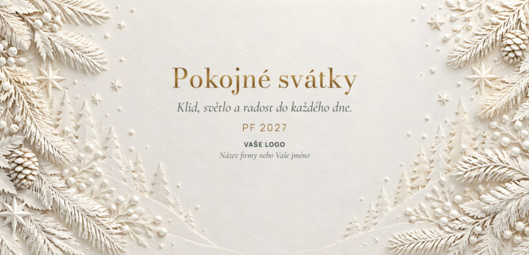 Novoročenka 597 – Bílý reliéf – PF 2027, bílé větvičky, šišky a hvězdy kolem přání, DL na šířku