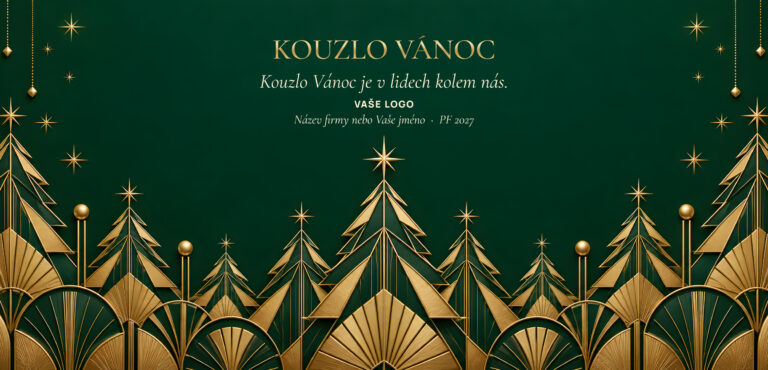 Novoročenka 600 – Zelená art deco noc – PF 2027, geometrické zlaté stromečky a hvězdy na smaragdovém pozadí, DL na šířku